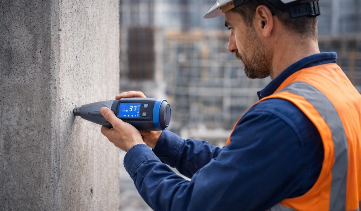 ivil engineering technician performing a rebound hammer test on a concrete structure